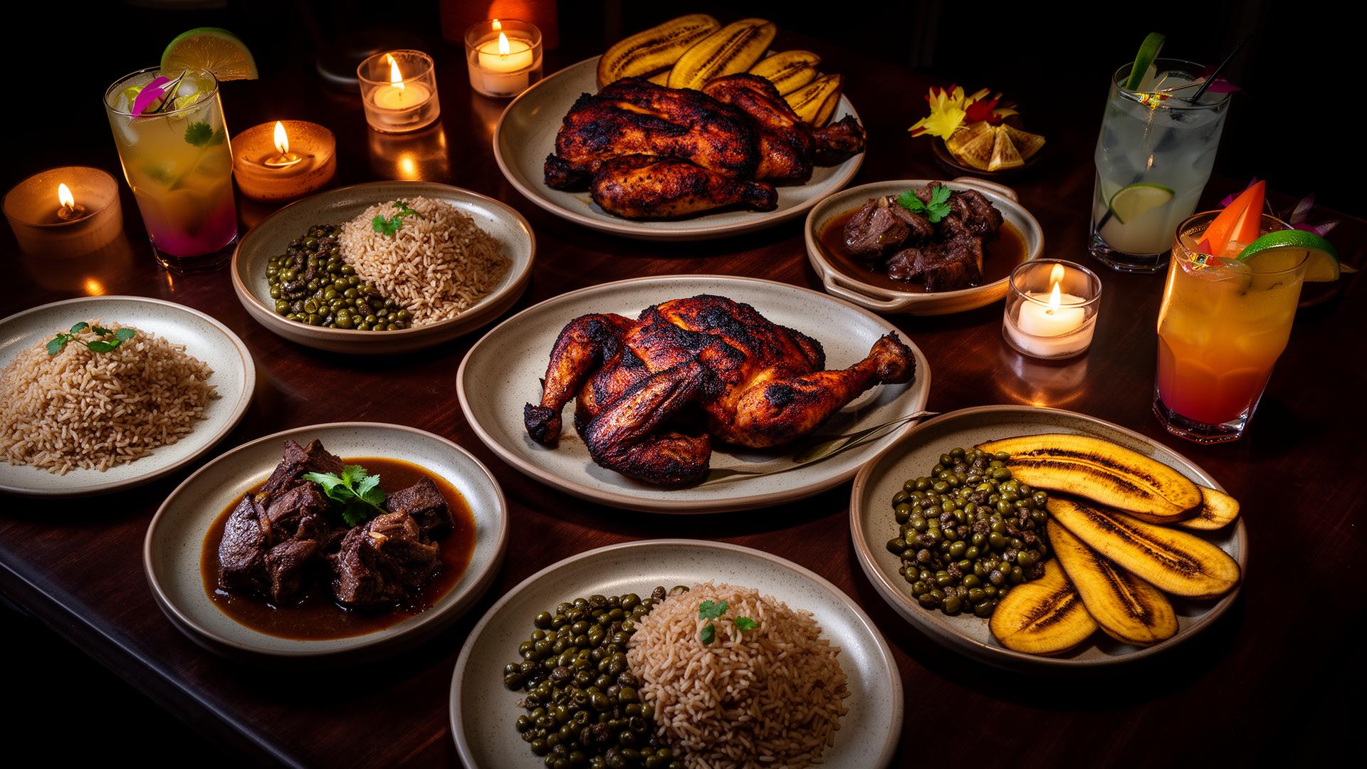 Overhead spread of Caribbean dishes and tropical cocktails by candlelight